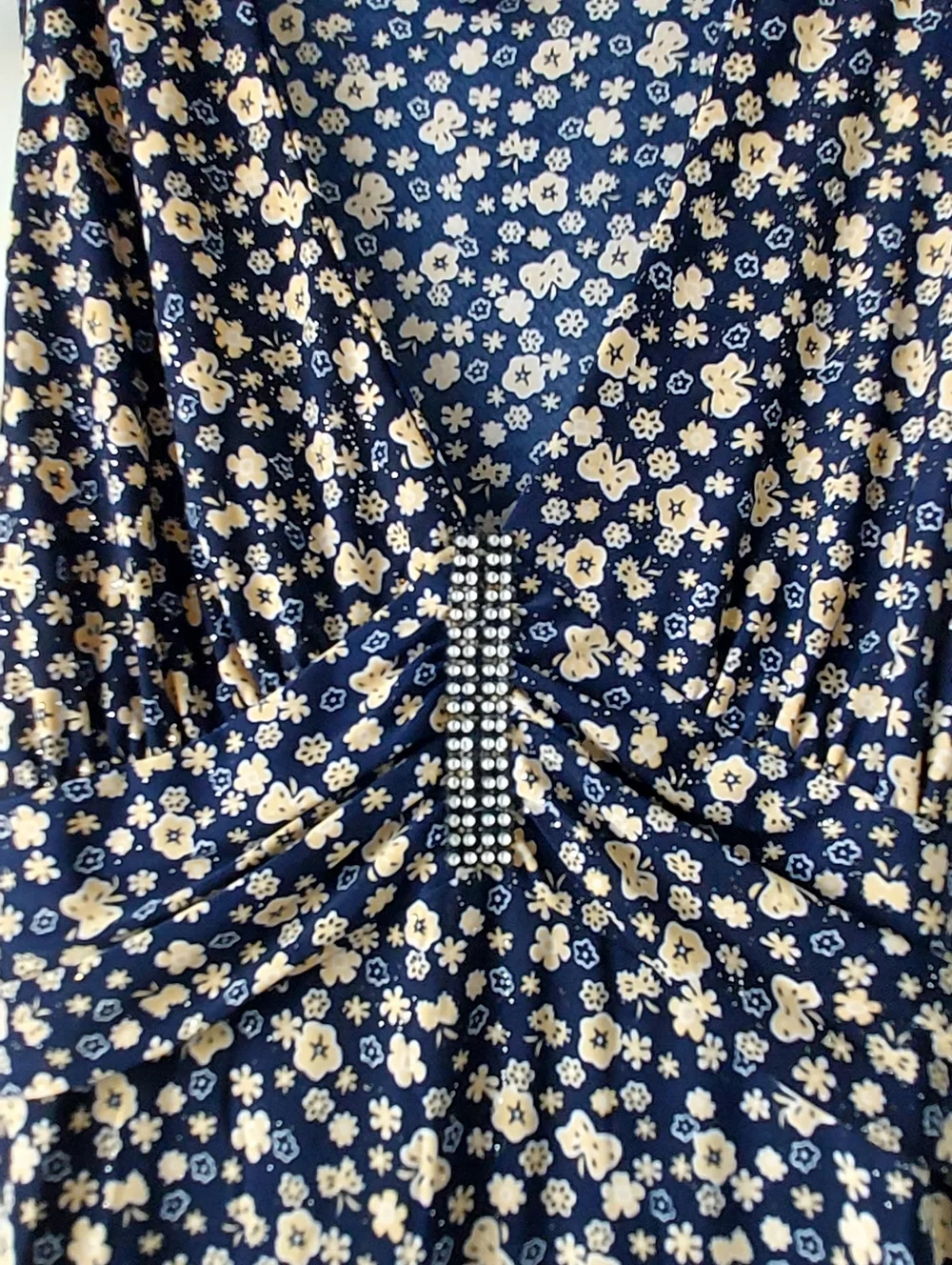 Silk Dress V Neck Sleeveless  Rhinestone Glitter Navy Floral Y2K Babydoll L/XL